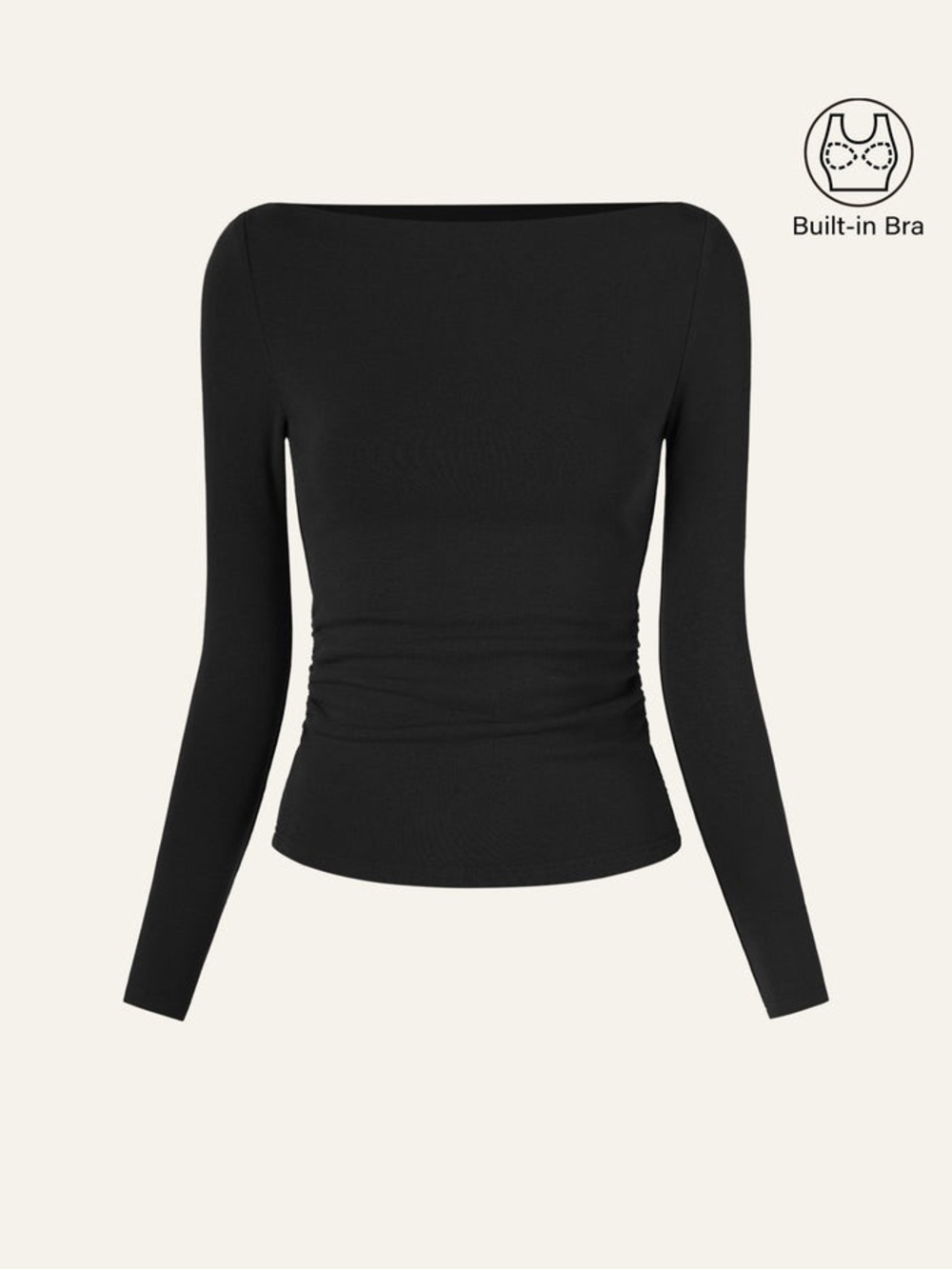 NWT OGL Women's Long Sleeve Boatneck Side Ruched Bra Top Classic Black Size M
